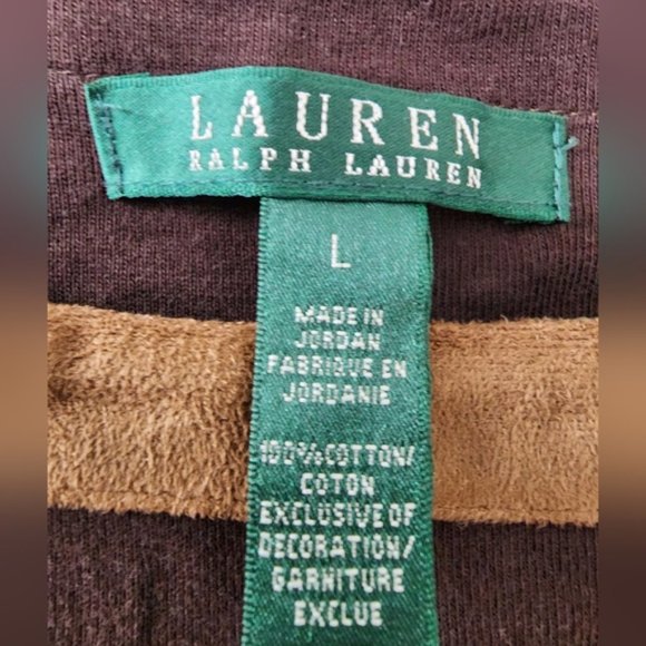 Ralph Lauren Chocolate Brown & Tan Suede Collar 3/4 Sleeve 100% Cotton Top L - Picture 4 of 7